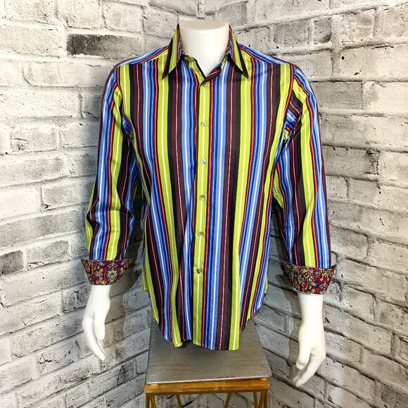 Robert Graham Striped Print Contrast Trim Flip Cuff Casual Button Down Shirt - Picture 1 of 14